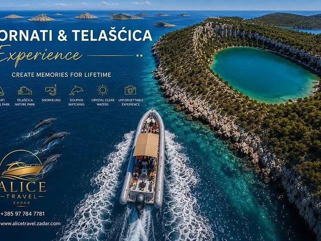 Promotional image for Kornati & Telascica experience with text and a boat.