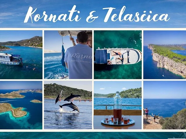 Fotocollage mit Booten, Delfinen, Klippen und Landschaften der Kornati.